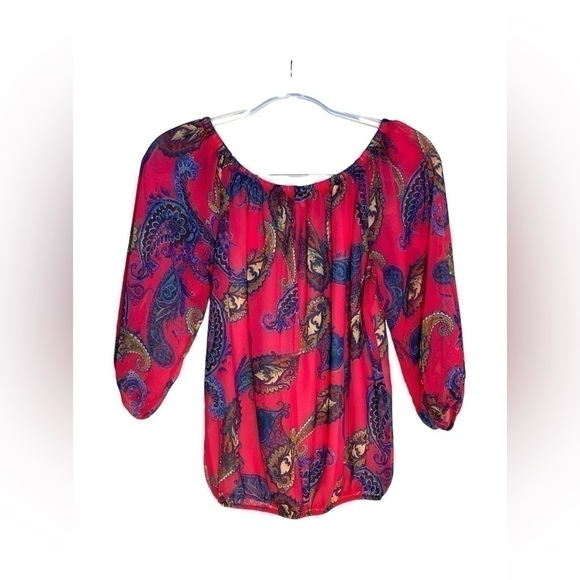 Sweet Pea Pink Paisley Fashion Top Off Shoulder Fitted Crop Waist Sheer Size XS - Picture 2 of 7